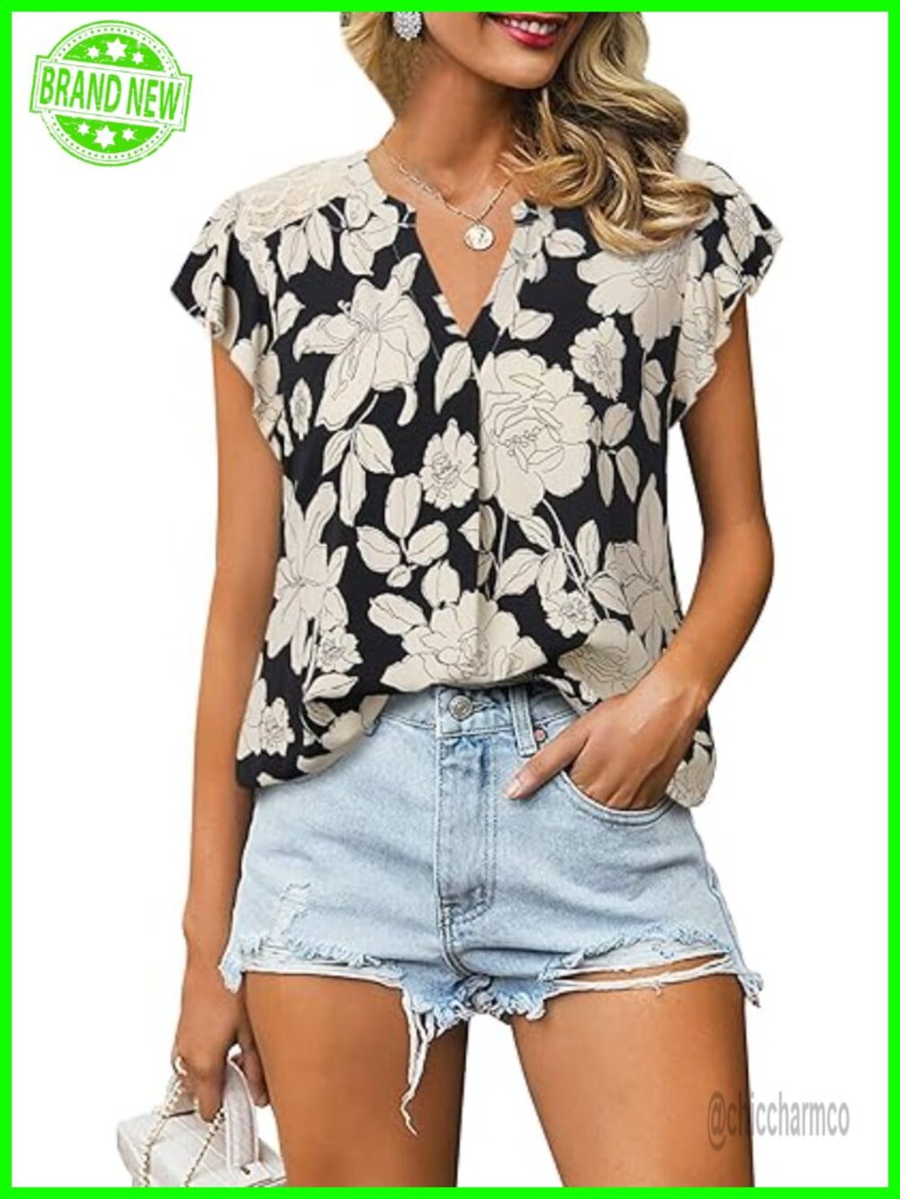 Notch V Neck Short Sleeve Chiffon Blouse with Lace Trim - Casual Tunic Top Work